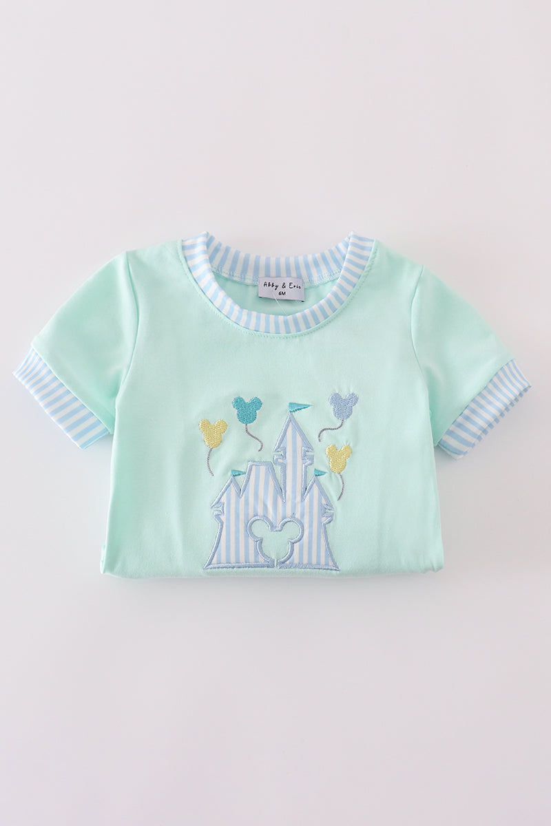 Mint green bubble romper with a whimsical castle applique, perfect for playtime.
