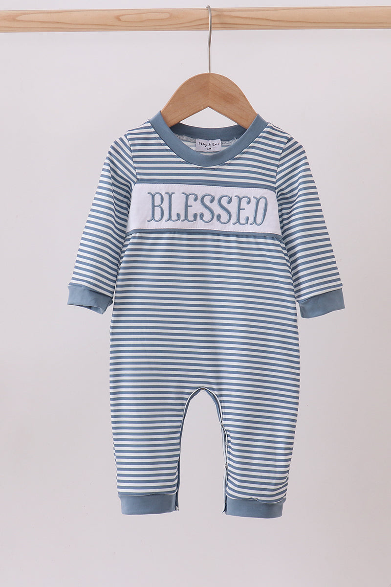 Blue stripe blessed embroidery romper