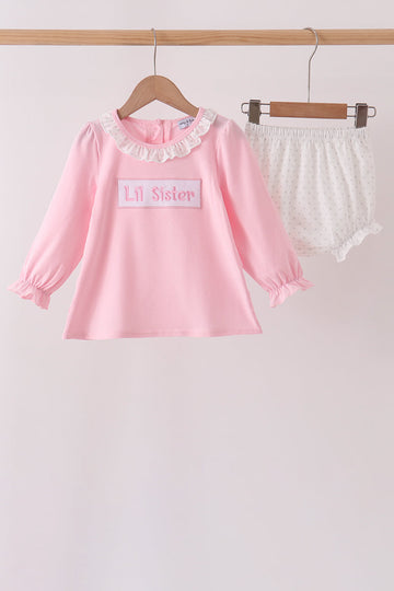 Pink Lil sister embroidery ruffle bloomer set