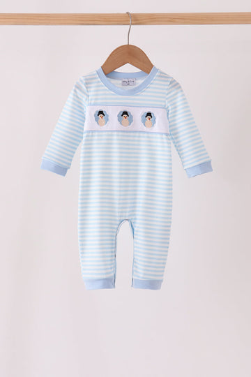 Blue turkey embroidery stripe romper