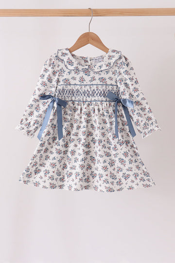 Teal floral smocked bow dress