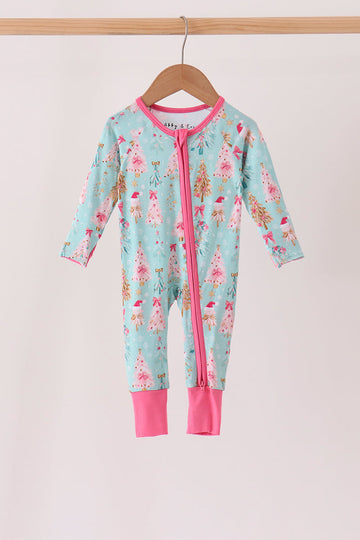 Green christmas tree bamboo zipper romper