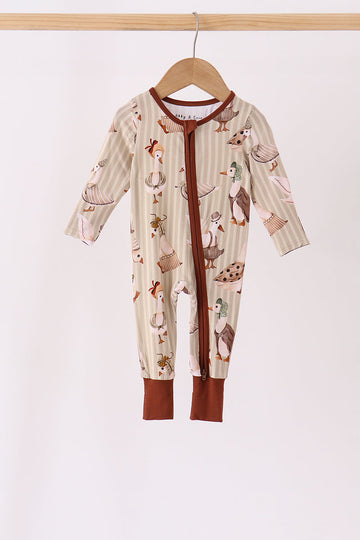 Brown goose print bamboo zipper romper