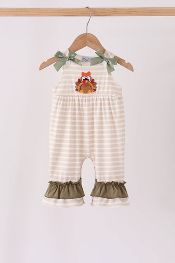 Olive turkey applique stripe ruffle romper
