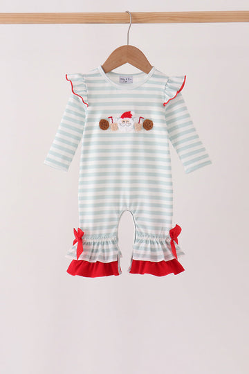 Gray stripe santa french knot ruffle romper