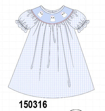 Blue ghost embroidery gingham dress