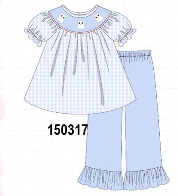 Blue ghost embroidery gingham ruffle pants set