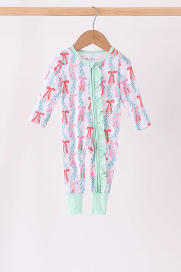 Green bow christmas tree bamboo zipper romper