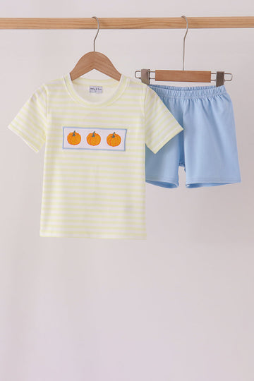 Yellow stripe pumpkin embroidery shorts set