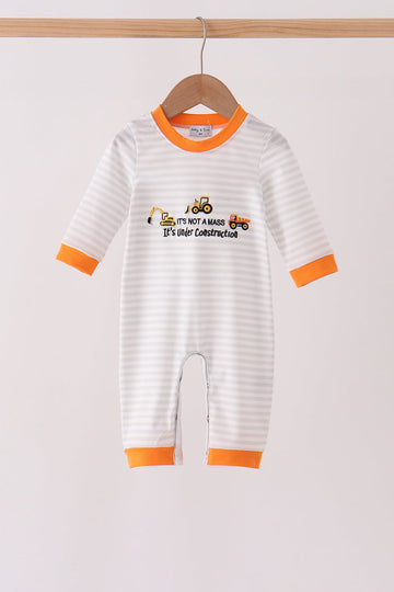 Gray stripe construction vehicle embroidery romper