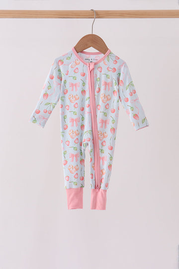Pink bow cherry zipper bamboo romper
