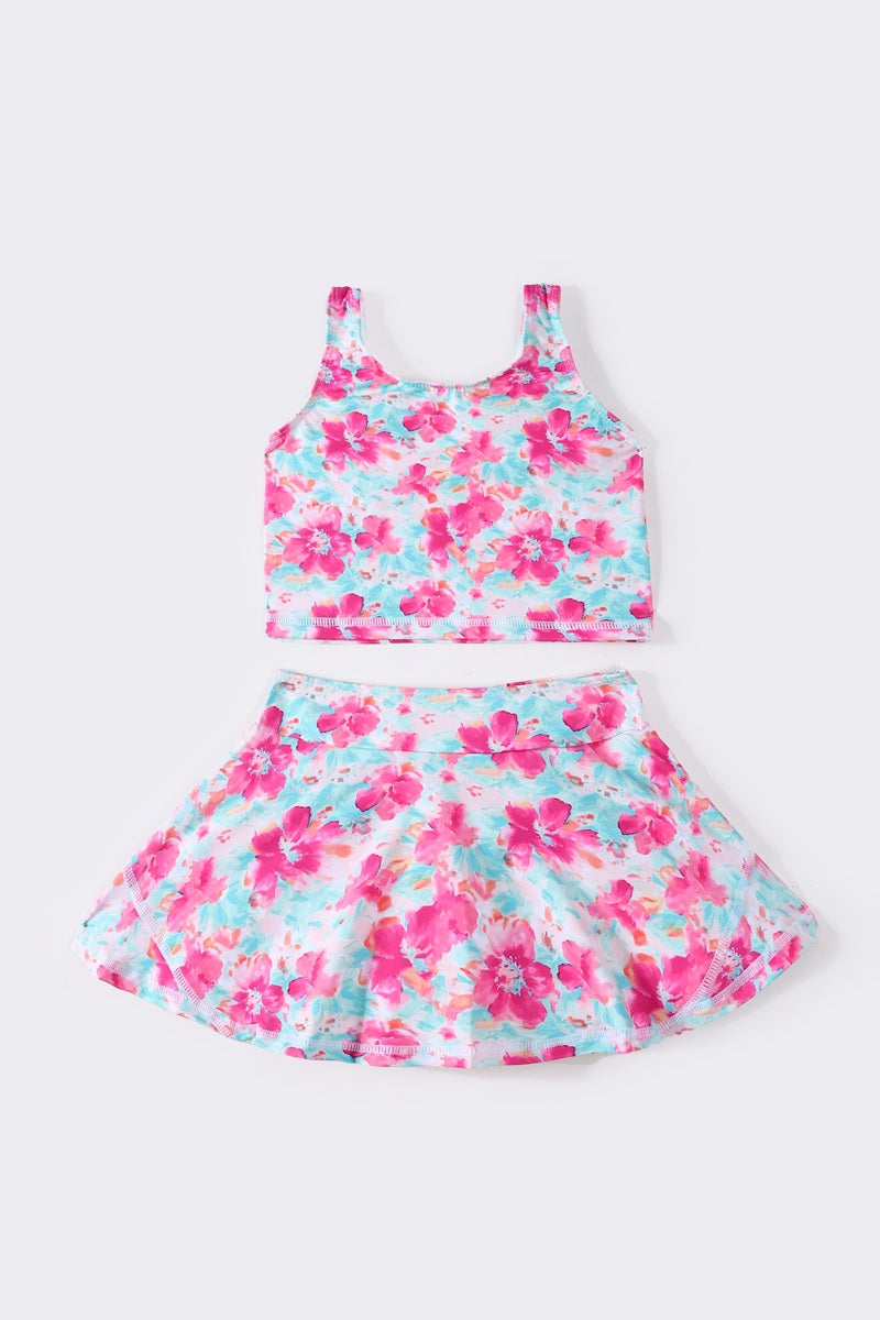 Bright floral print two-piece swimsuit for girls, perfect for summer fun.