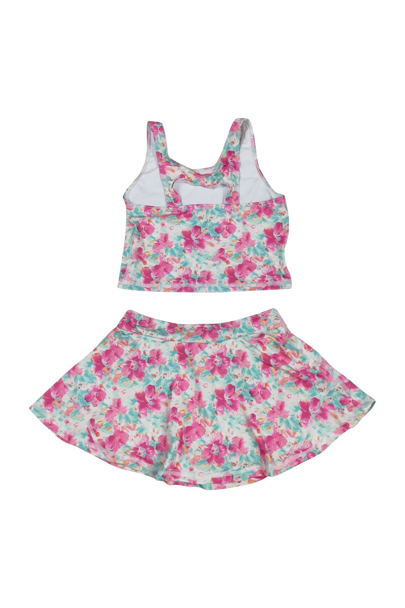 Bright floral print two-piece swimsuit for girls, perfect for summer fun.