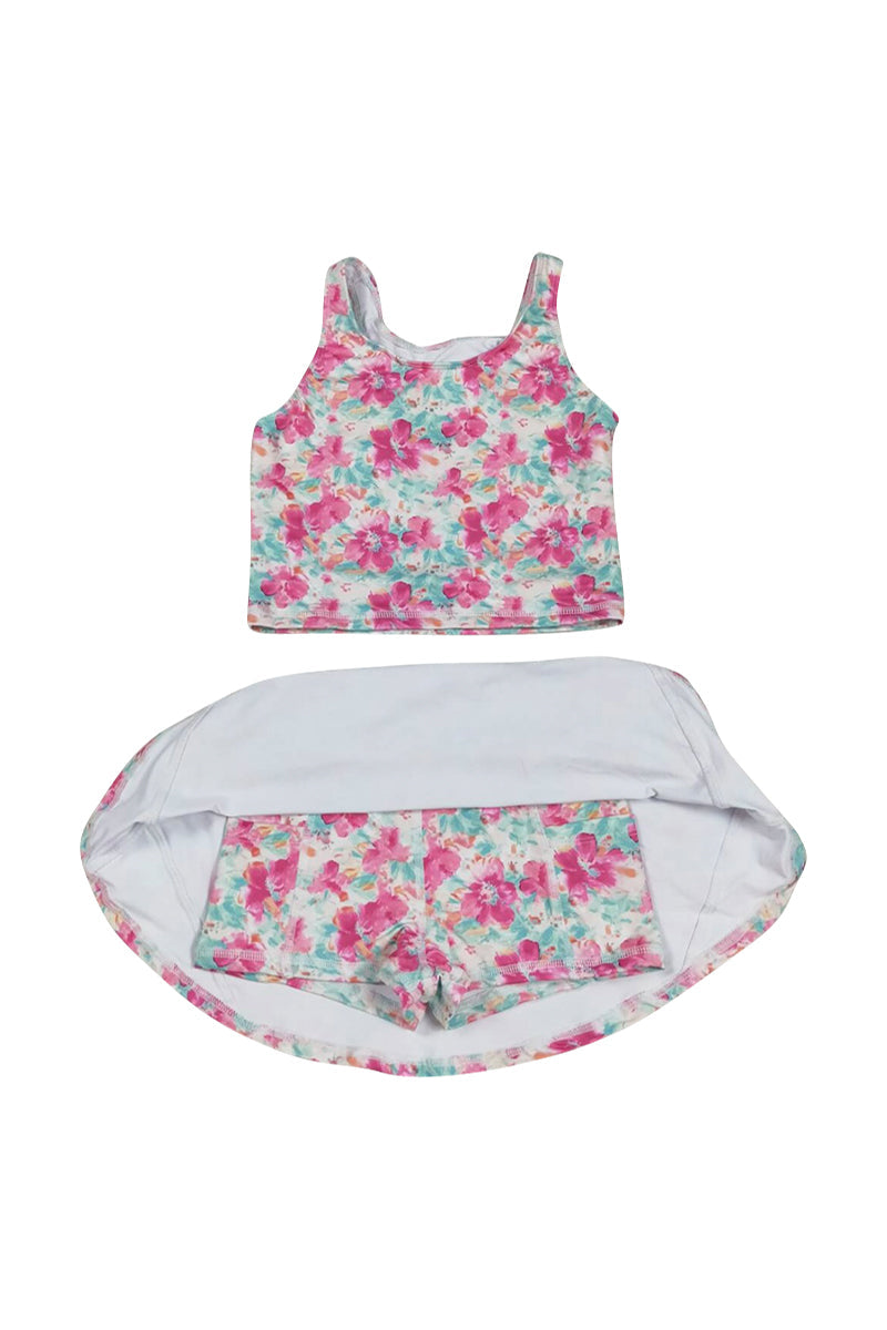 Bright floral print two-piece swimsuit for girls, perfect for summer fun.
