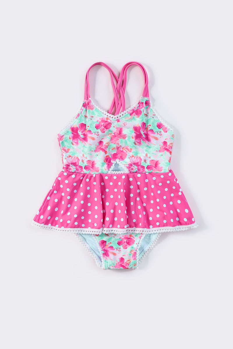 Colorful one-piece swimsuit with floral pattern, perfect for summer fun.