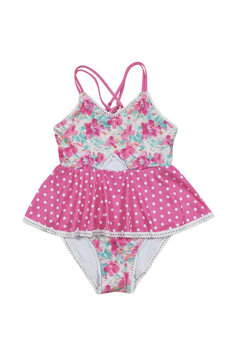 Colorful one-piece swimsuit with floral pattern, perfect for summer fun.