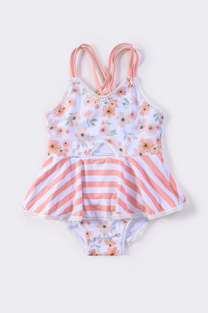 Bright floral print one-piece swimsuit for girls, perfect for summer fun.