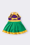 Colorful Mardi Gras-themed dress with playful ruffles, perfect for festive celebrations.