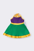 Colorful Mardi Gras-themed dress with playful ruffles, perfect for festive celebrations.