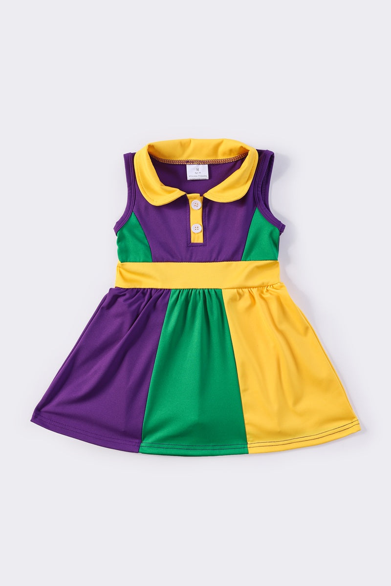 Bright and playful Mardi Gras tennis dress with colorful stripes, perfect for kids.