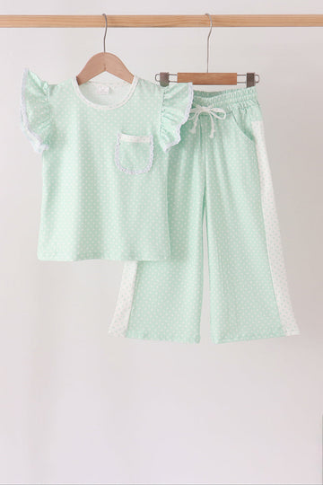 Green polka dot pocket ruffle pants set