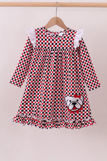 Checkered Georgia dog applique ruffle dress