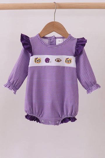 Premium Purple LSU tiger embroidery gingham ruffle bubble