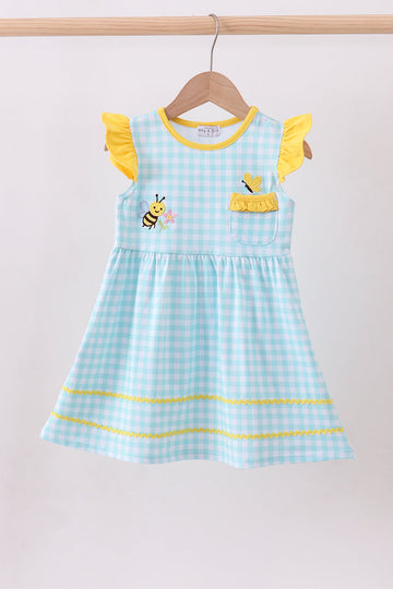 Blue gingham  butterfly & bee pocket flutter dress