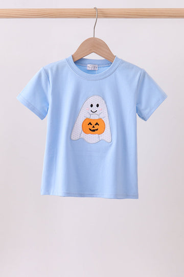 Blue ghost pumpkin embroidery top
