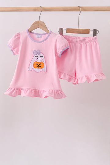 Pink ghost pumpkin embroidery ruffle shorts set