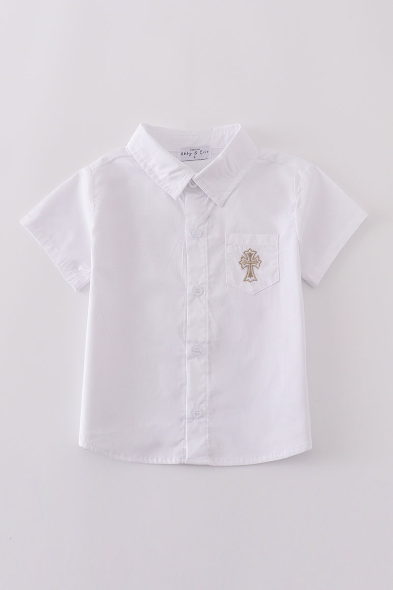 Children’s button-down shirt with cross embroidery, perfect for special occasions.
