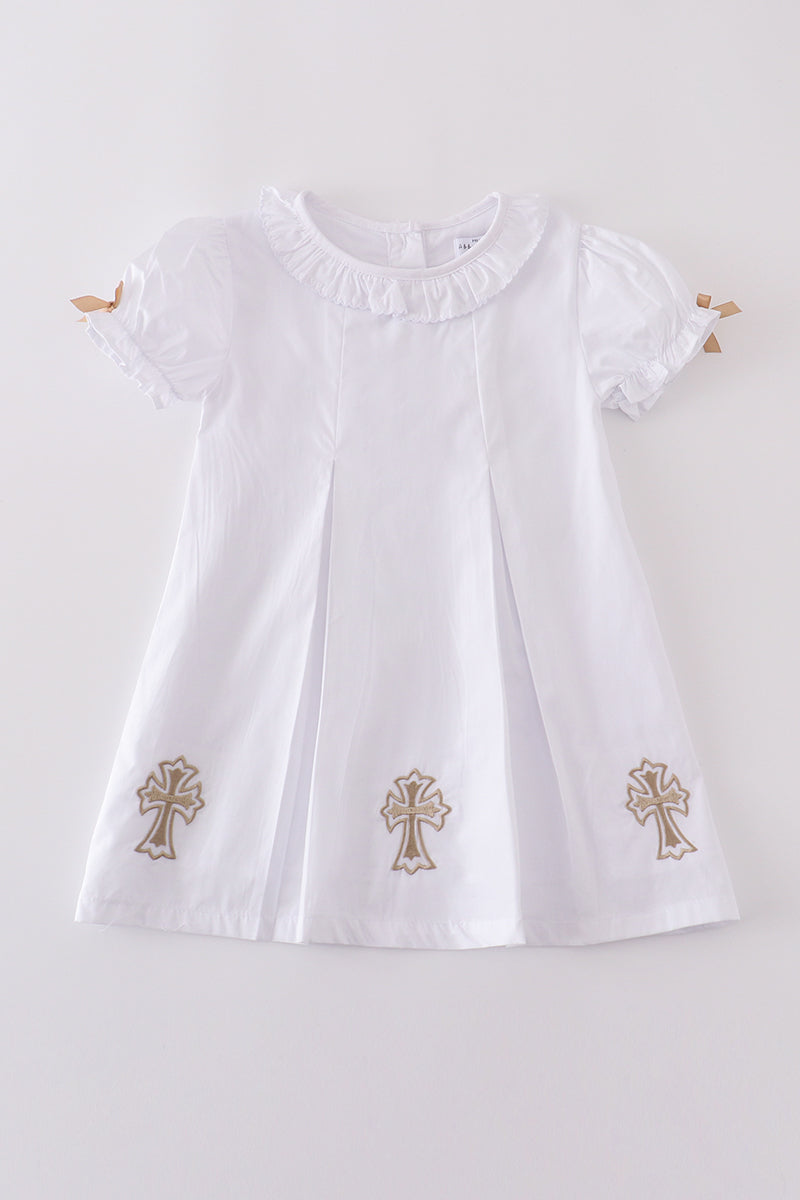 Premium cross embroidery dress in soft pastel hues, perfect for special occasions.