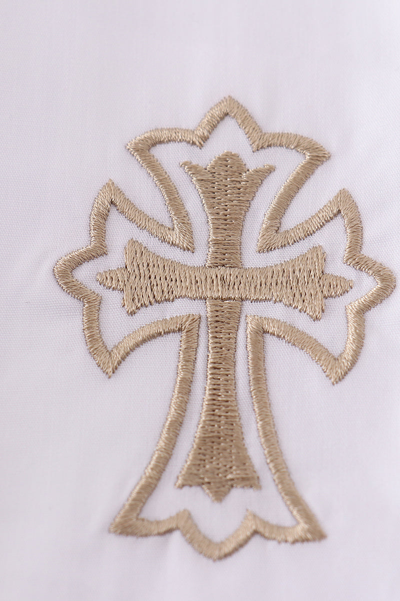Premium cross embroidery dress in soft pastel hues, perfect for special occasions.
