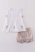 A cozy, embroidered bloomer set with cross patterns, perfect for toddlers.