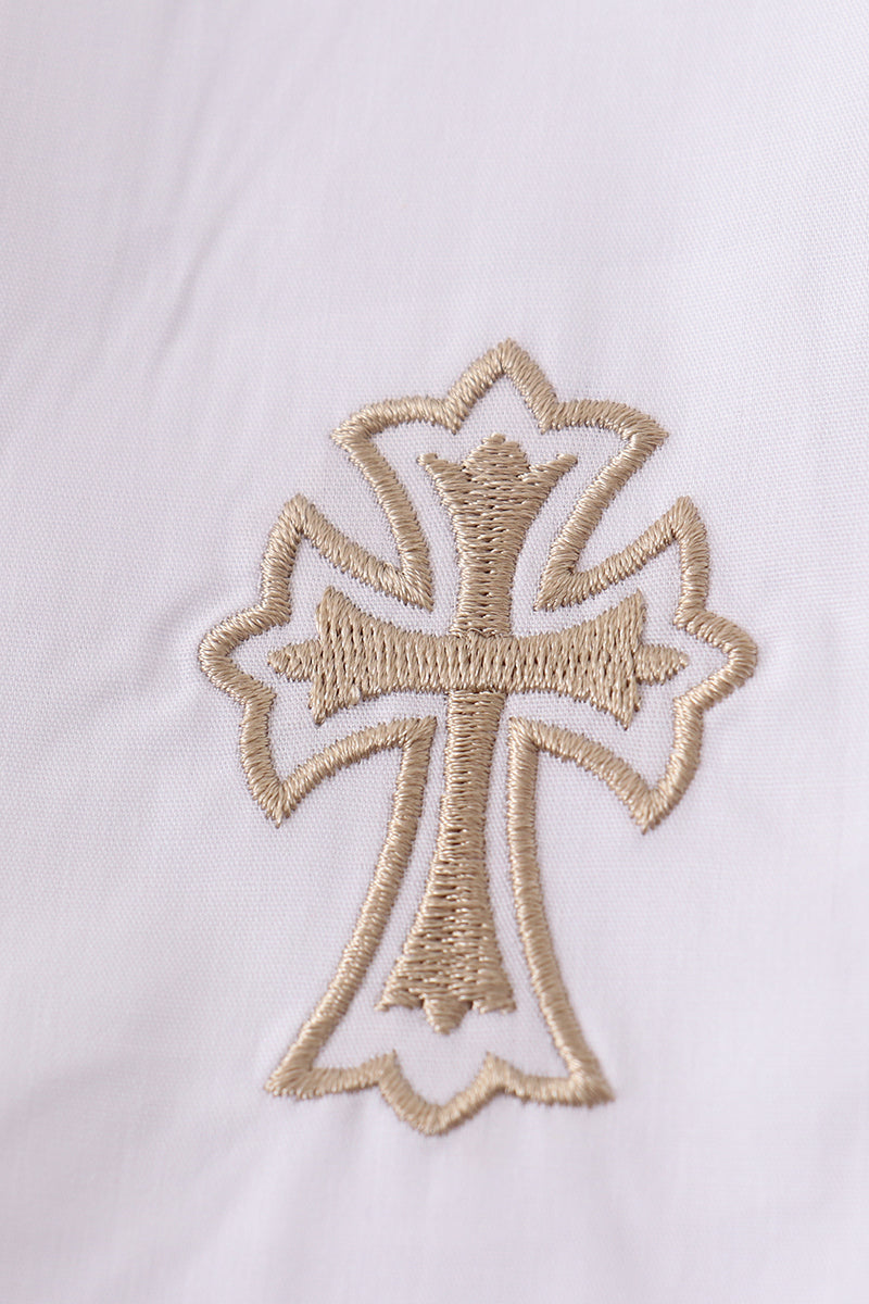 A cozy, embroidered bloomer set with cross patterns, perfect for toddlers.