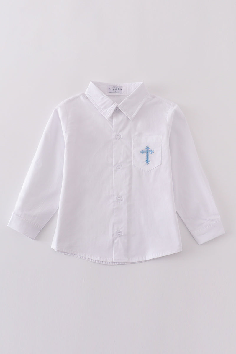 Cozy long sleeve shirt with cross embroidery, perfect for little adventurers.