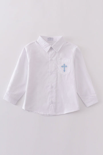 Cozy long sleeve shirt with cross embroidery, perfect for little adventurers.