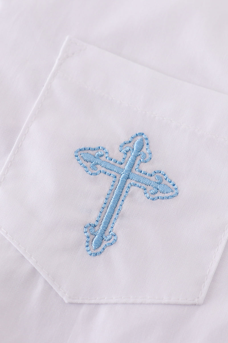 Cozy long sleeve shirt with cross embroidery, perfect for little adventurers.