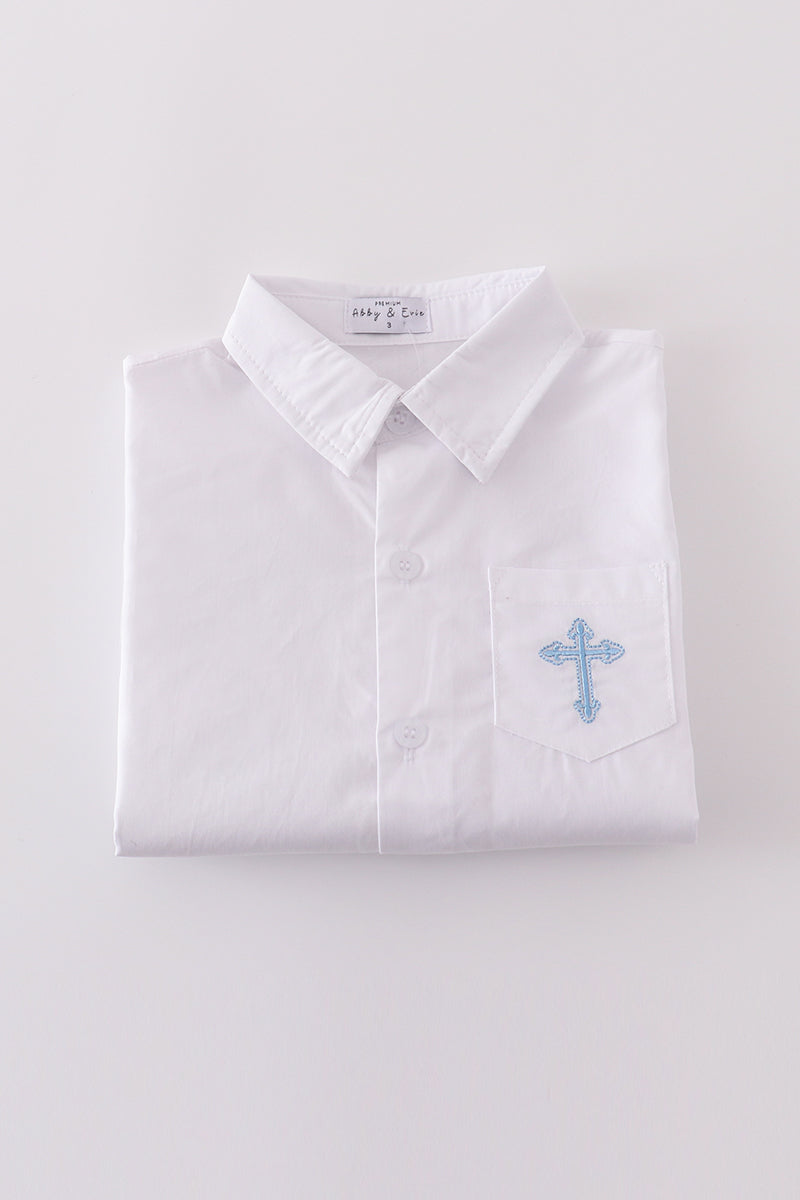 Cozy long sleeve shirt with cross embroidery, perfect for little adventurers.