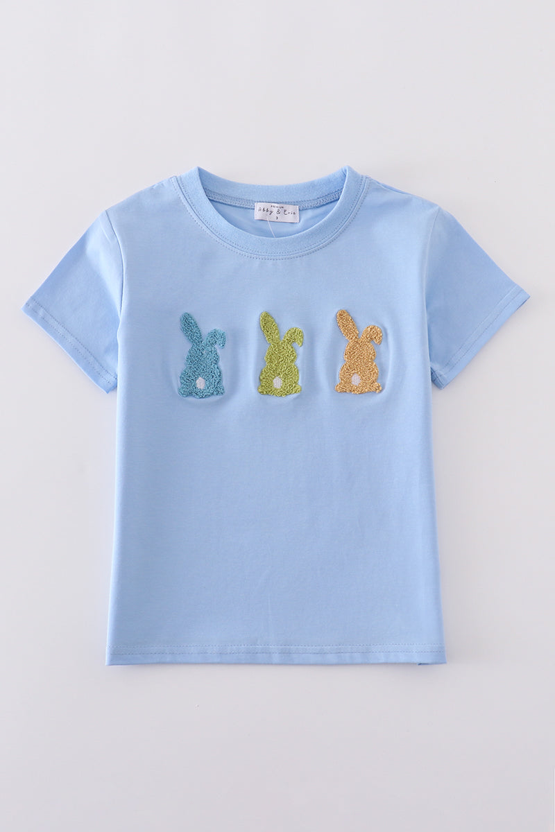 Cozy blue top with adorable bunny embroidery, perfect for playful adventures.