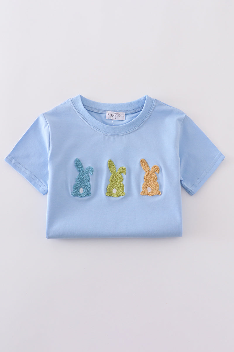 Cozy blue top with adorable bunny embroidery, perfect for playful adventures.