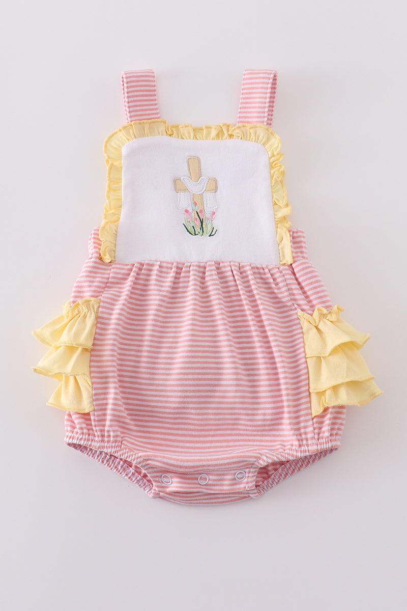 Adorable pink bubble romper with delicate cross embroidery, perfect for special occasions.