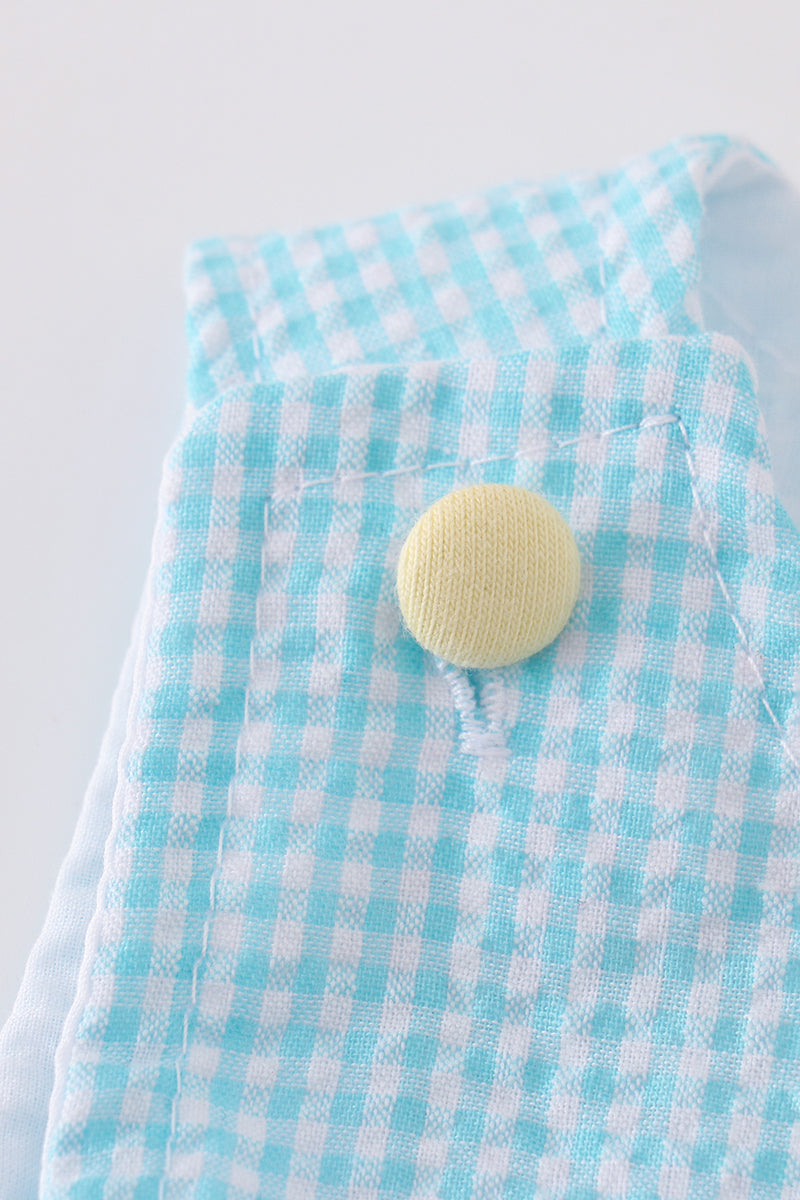 Premium mint gingham jonjon with bunny egg embroidery, perfect for Easter fun.
