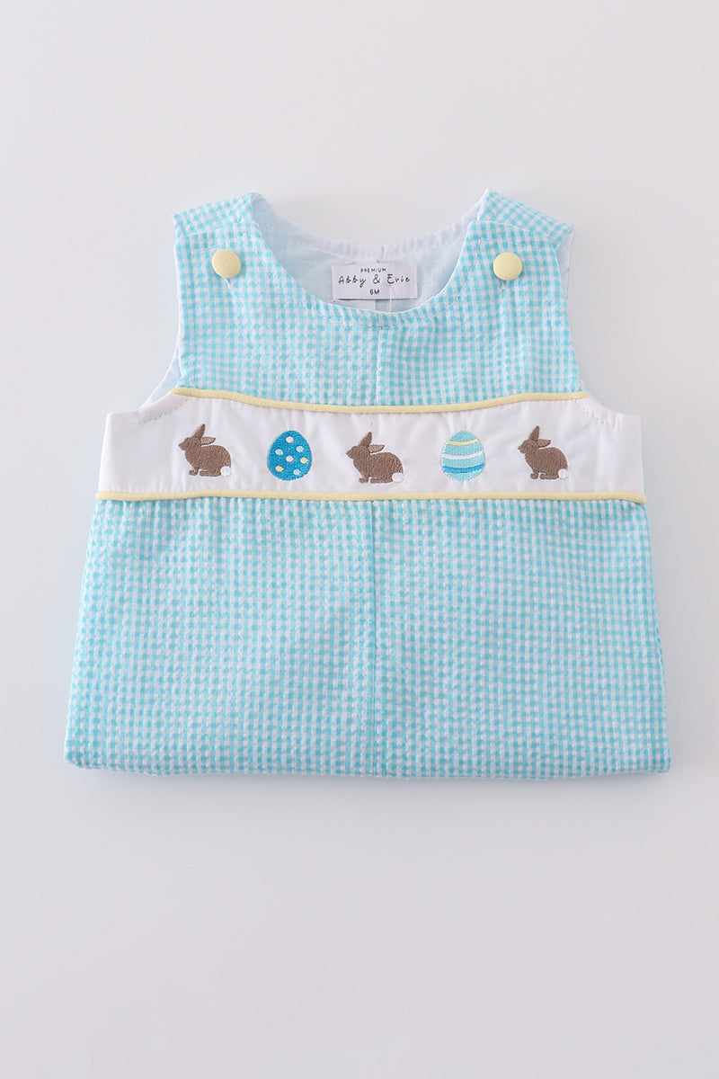 Premium mint gingham jonjon with bunny egg embroidery, perfect for Easter fun.