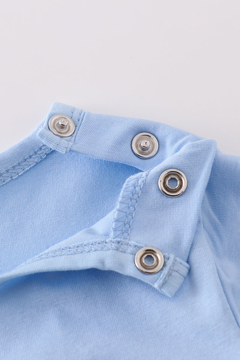 Premium blue romper with adorable bunny embroidery, perfect for playful spring days.