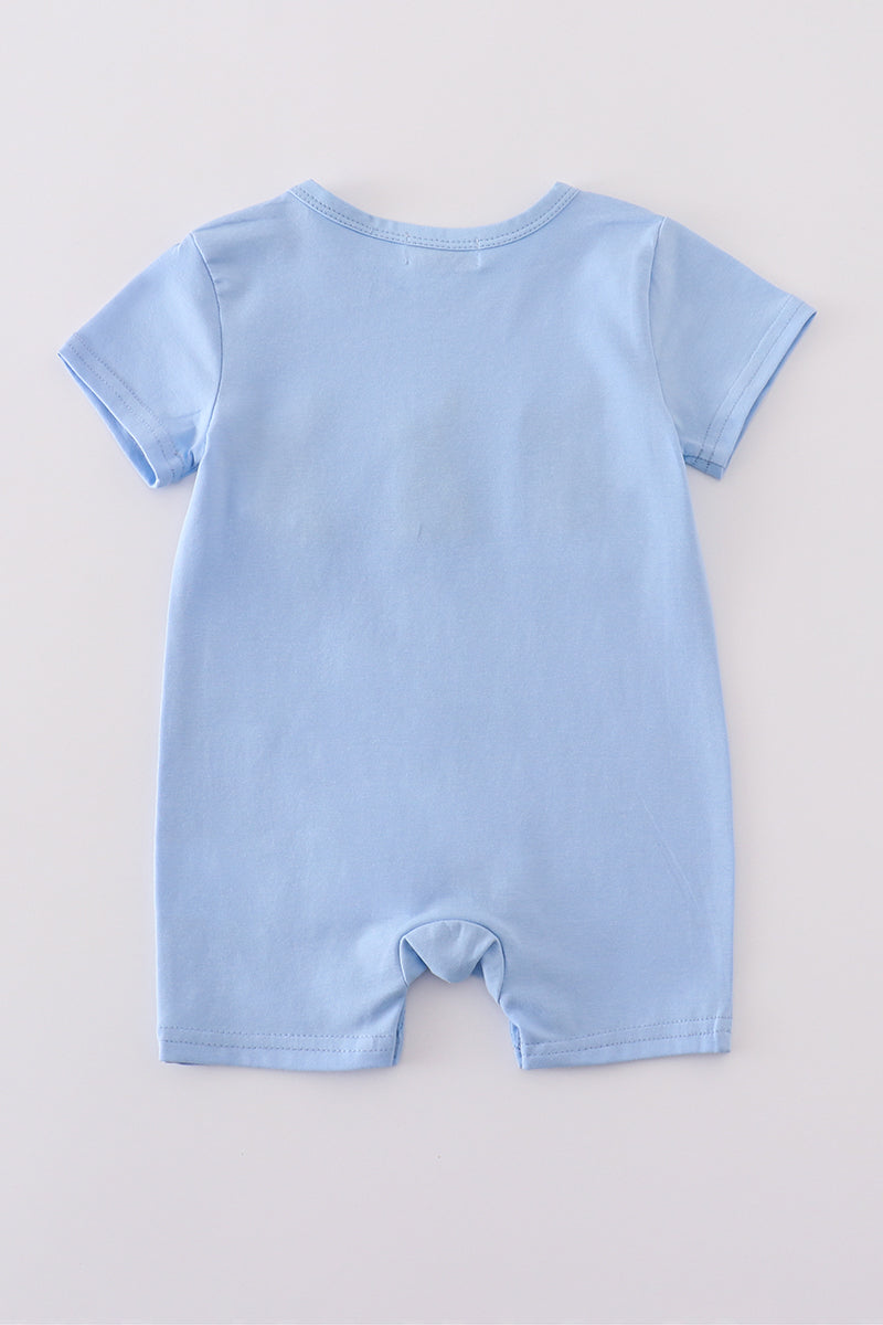 Premium blue romper with adorable bunny embroidery, perfect for playful spring days.