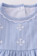 Cozy blue romper with charming cross embroidery, perfect for little ones.