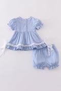 Cozy blue romper with charming cross embroidery, perfect for little ones.