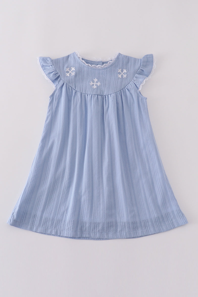 A charming blue dress with cross embroidery, perfect for special occasions.