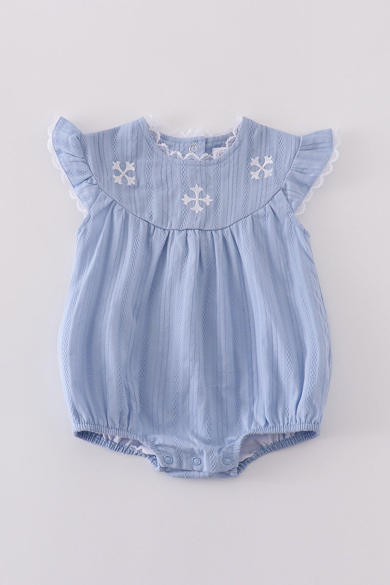 Premium blue bubble romper with charming cross embroidery, perfect for special occasions.